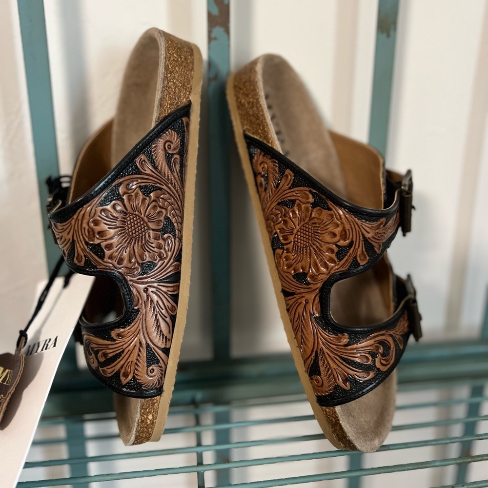 Myra Tooled Leather Sandals Brown Cork Footbed Feather Buckle Boho Western Sz 6 - Picture 6 of 8